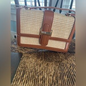 Woven Straw Crossbody Bag with Brown Trim